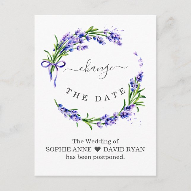 Change The Date Lavender Floral Wedding Postponed Postcard (Front)