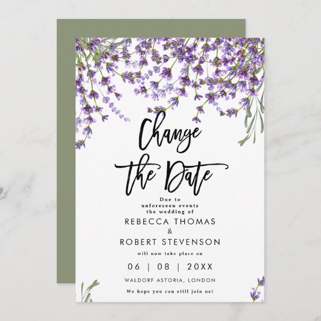 change the date lavender wedding invitation (Front/Back)