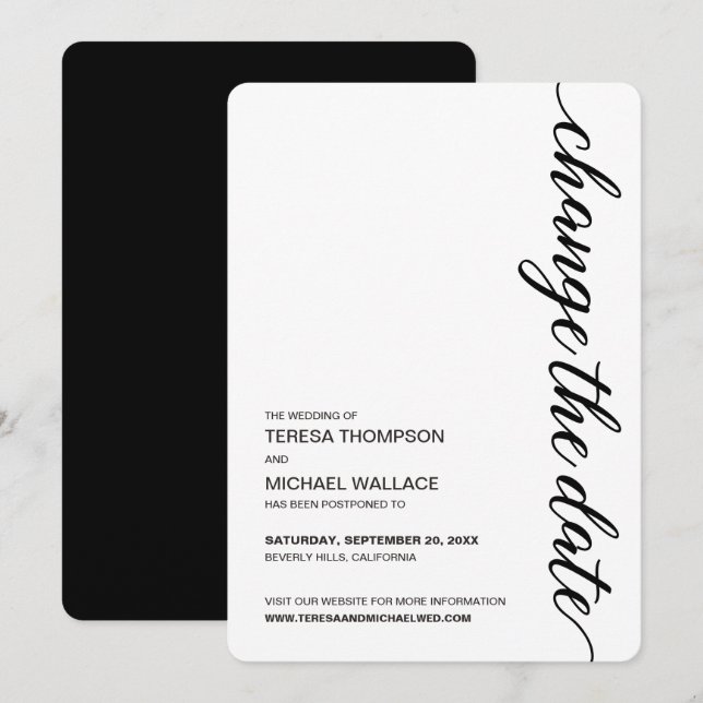  "Change the Date" Minimalist Black and White Wedd Invitation (Front/Back)