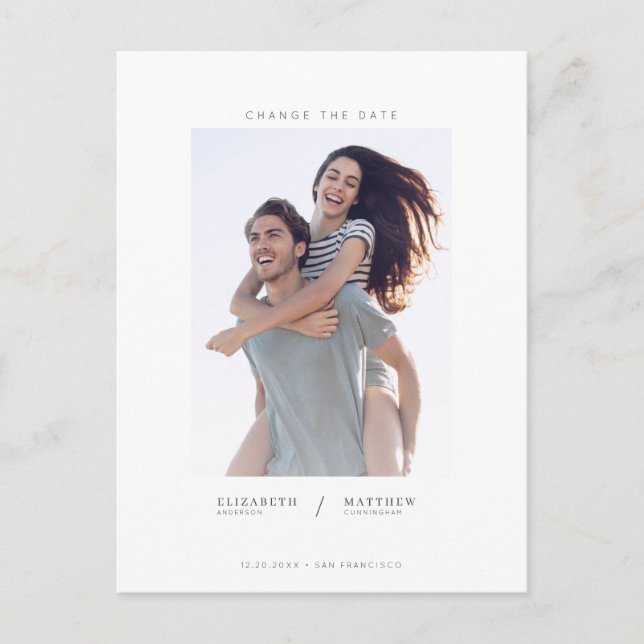 Change The Date Minimalist Custom Photo Wedding Announcement Postcard (Front)