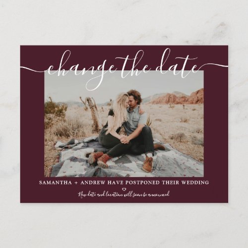 Change the date modern burgundy typography photo announcement postcard