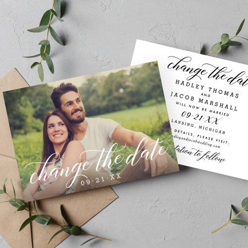 Change the Date Modern Calligraphy Wedding Photo Save The Date