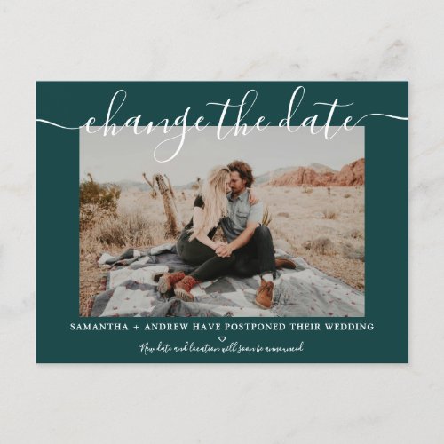 Change the date modern chic green typography photo announcement postcard