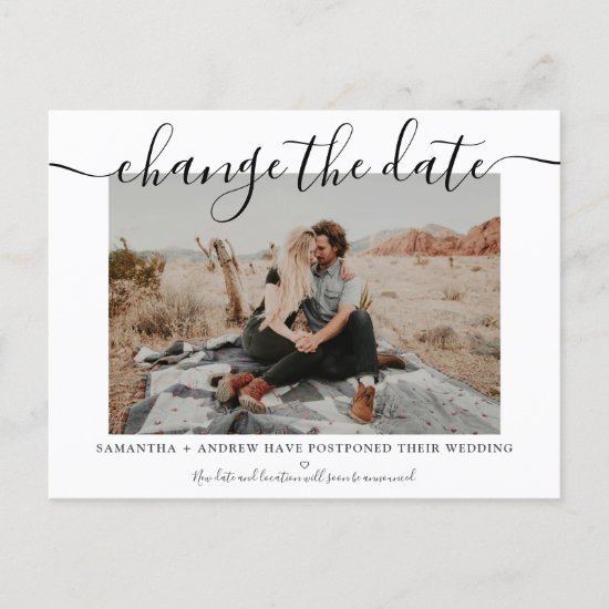Change the date modern chic typography photo announcement postcard