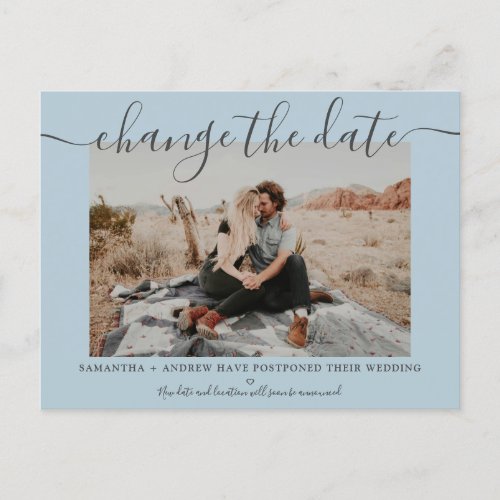 Change the date modern dusty blue typography photo announcement postcard