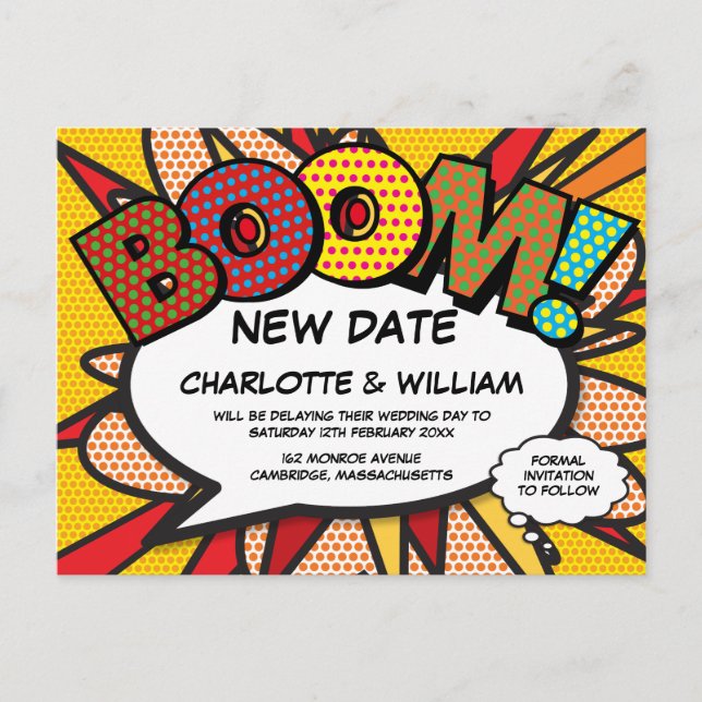 Change The Date Modern Fun Comic Book Announcement Postcard (Front)