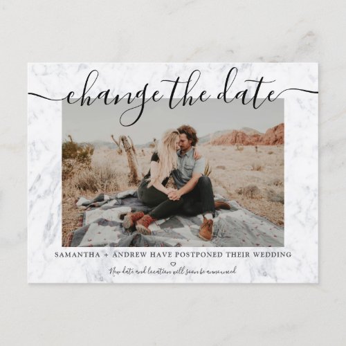 Change the date modern marble typography photo announcement postcard