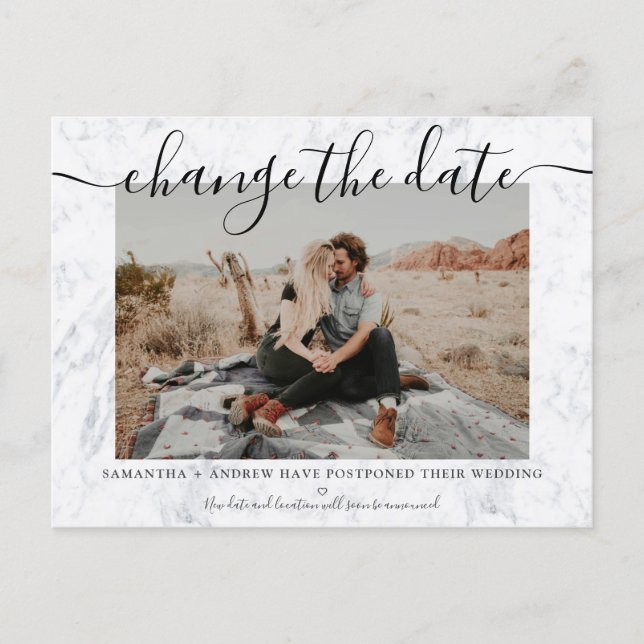 Change the date modern marble typography photo announcement postcard (Front)