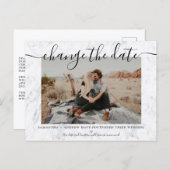 Change the date modern marble typography photo announcement postcard (Front/Back)