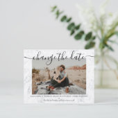 Change the date modern marble typography photo announcement postcard (Standing Front)