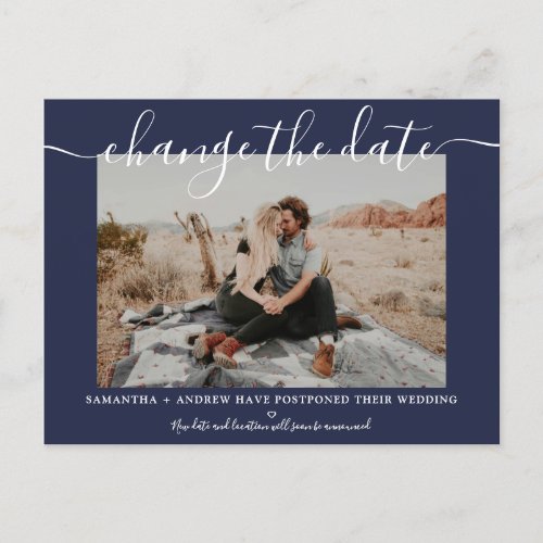 Change the date modern navy typography photo announcement postcard