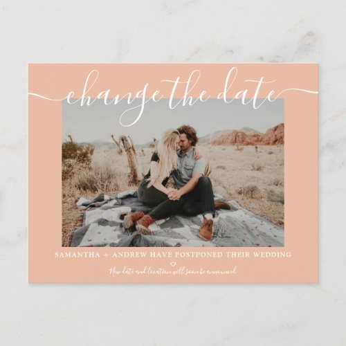 Change the date modern peach typography photo announcement postcard