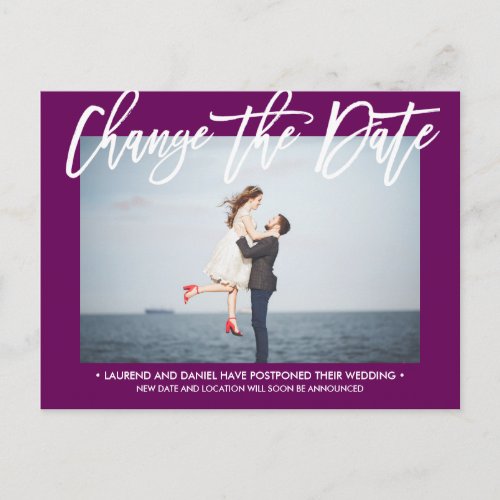 CHANGE THE DATE Modern Purple calligraphy photo Announcement Postcard