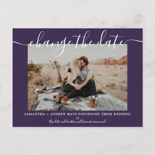 Change the date modern purple typography photo announcement postcard