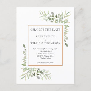 Change the Date Modern Watercolour Greenery Announcement Postcard