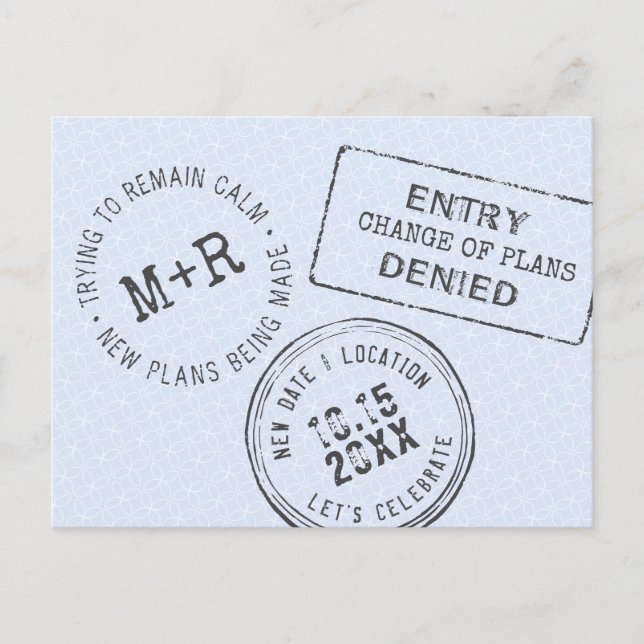 Change the Date Passport Stamp Destination Wedding Announcement Postcard (Front)