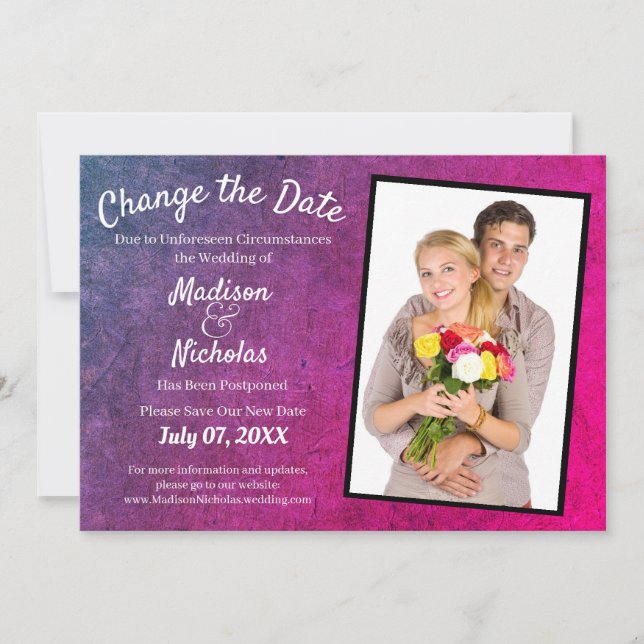 Change the Date Photo Blue Purple Pink Parchment Save The Date (Front)