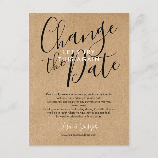 Change the Date Photo Wedding Postponed Cancelled  Announcement Postcard (Front)