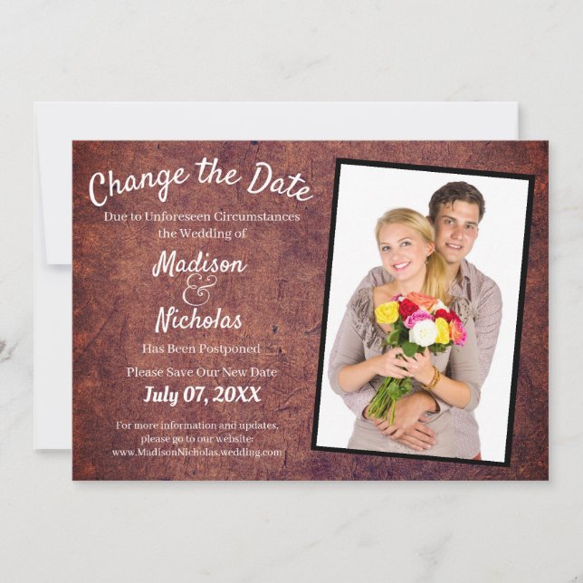 Change the Date Photo Wedding Red Brown Parchment Save The Date (Front)