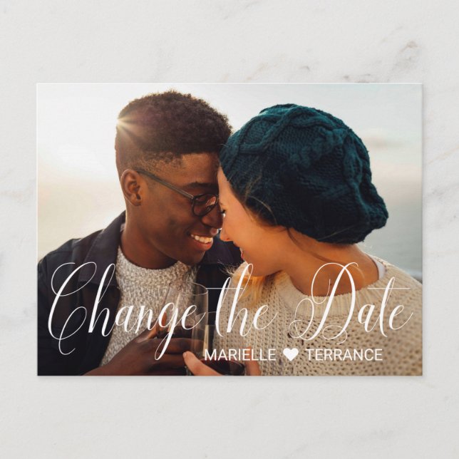 Change the Date Photo White Script Wedding Postcard (Front)