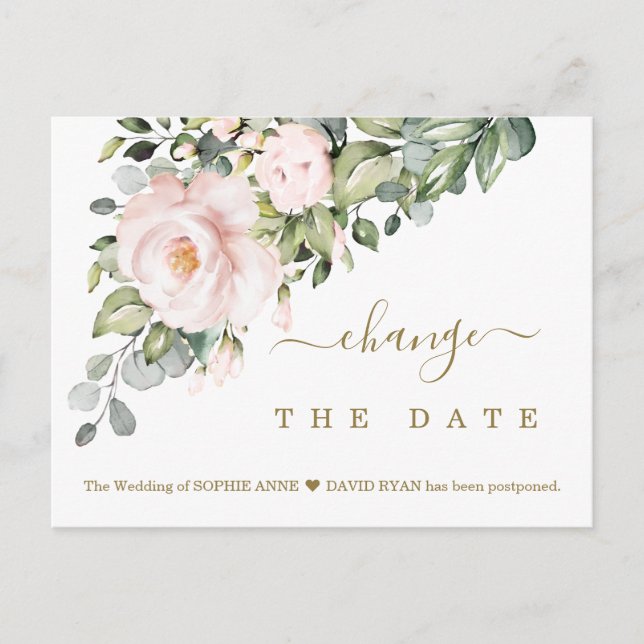 Change The Date Pink Blush Flowers Wedding Postcard (Front)