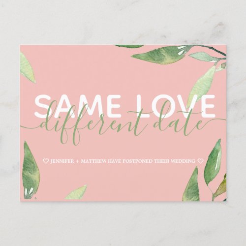 Change the Date Pink Botanical Wedding Announcement Postcard