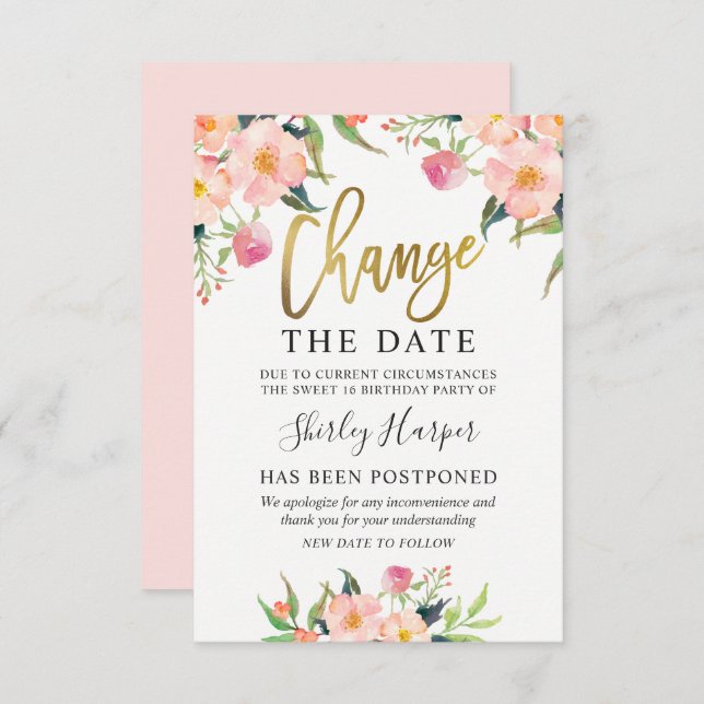 Change The Date Pink Floral Gold Script Invitation (Front/Back)