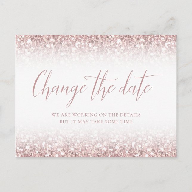 Change The Date Pink Glitter Bat Mitzvah Postponed Postcard (Front)