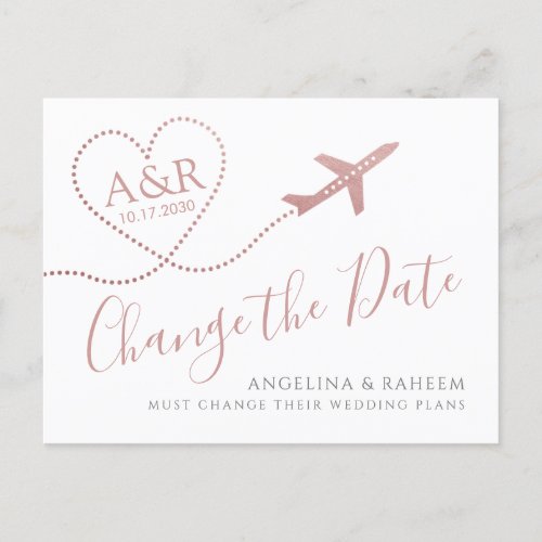 Change the Date Pink Gold Destination Wedding Announcement Postcard