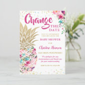 Change The Date Pink Gold Pineapple Baby Shower Invitation (Standing Front)