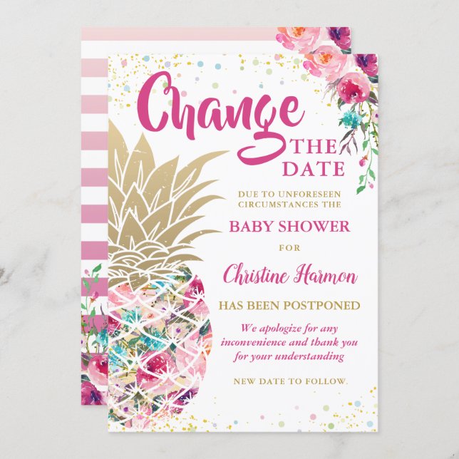 Change The Date Pink Gold Pineapple Baby Shower Invitation (Front/Back)