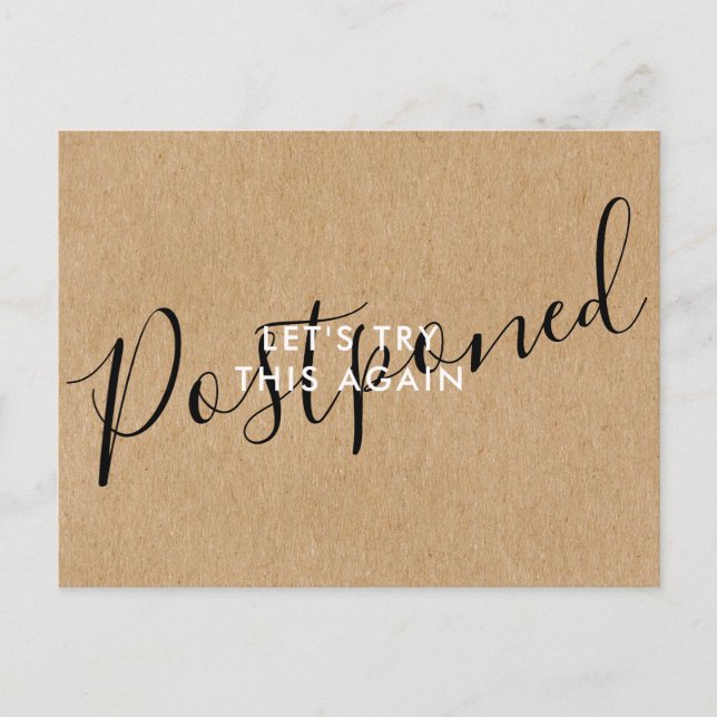 Change the Date Postponed Cancelled Event Rustic Announcement Postcard (Front)