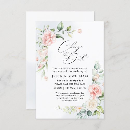 Change the Date Postponed Elegant Roses Eucalyptus Invitation