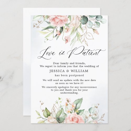 Change the Date Postponed Elegant Roses Eucalyptus Invitation