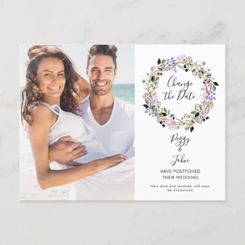Change the Date Postponed Floral Garland Photo Announcement Postcard