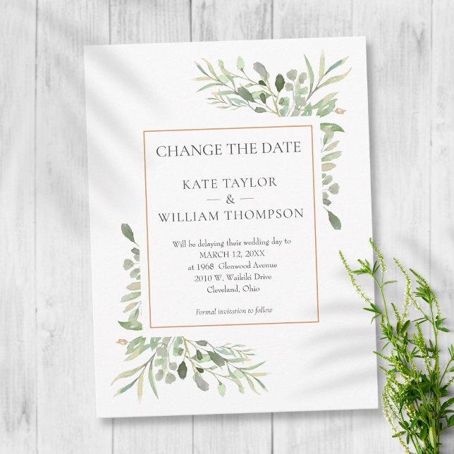 Change the Date Postponed Watercolour Greenery Postcard (Creator Uploaded)