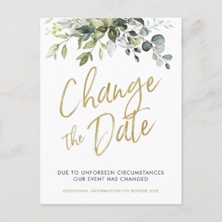 Change The Date, Postponed, Wedding Cards Greenery