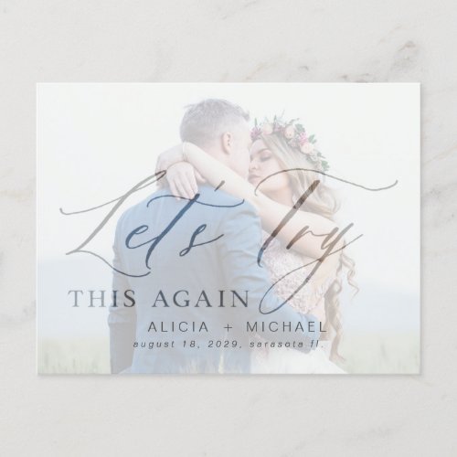 Change the date postponed wedding photo save date announcement postcard