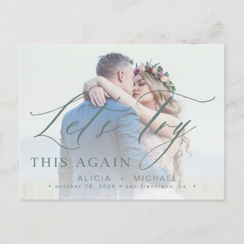 Change the date postponed wedding photo save date announcement postcard