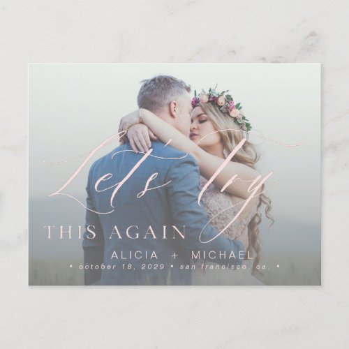 Change the date postponed wedding photo save date announcement postcard