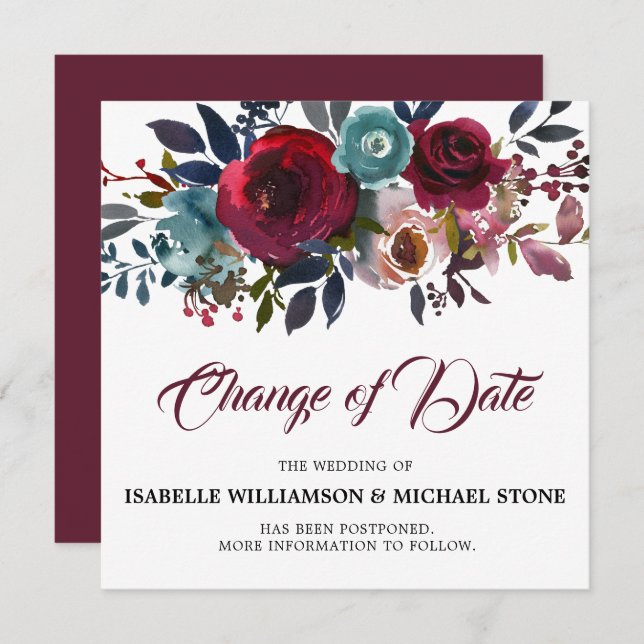 Change the Date Red Burgundy Floral Wedding Invitation (Front/Back)