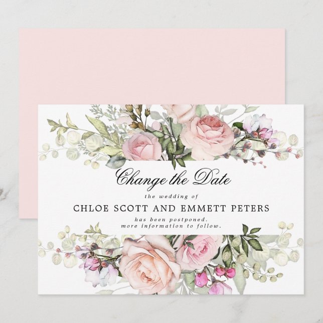 Change the Date Rose Floral Wedding Announcement (Front/Back)