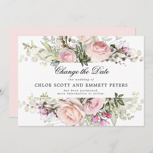 Change the Date Rose Floral Wedding Announcement (Front/Back)