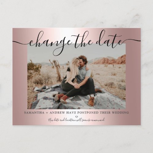 Change the date rose gold metallic script photo announcement postcard