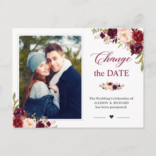 Change the Date Rustic Burgundy Blush Floral Photo Postcard