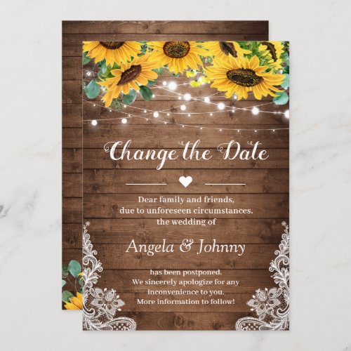Change the Date Rustic Sunflowers String Lights Invitation - Change the Date Country Sunflowers String Lights Card Template. 
(1) For further customization, please click the "customize further" link and use our design tool to modify this template. 
(2) If you prefer Thicker papers / Matte Finish, you may consider to choose the Matte Paper Type. 
(3) If you need help or matching items, please contact me.