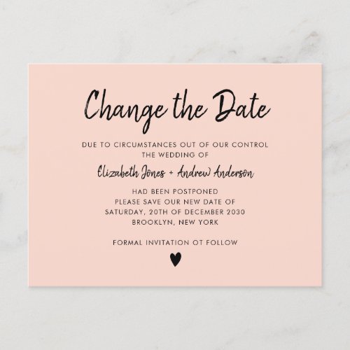 Change the Date Script Calligraphy Minimalist Pink Announcement Postcard