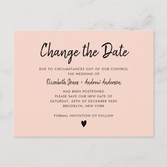 Change the Date Script Calligraphy Minimalist Pink Announcement Postcard (Front)