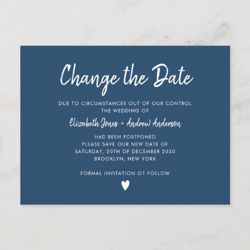 Change the Date Script Minimalist Modern Navy Blue Announcement Postcard