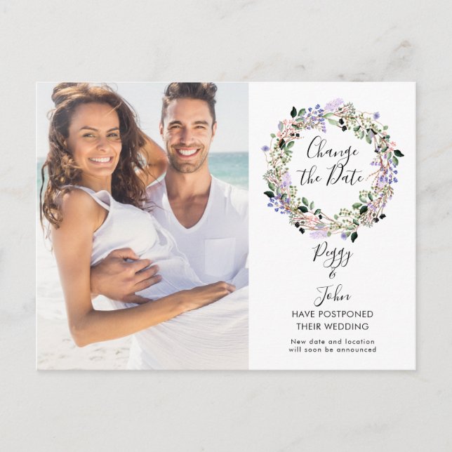 Change the Date Script Photo Postponed Wedding Postcard (Front)